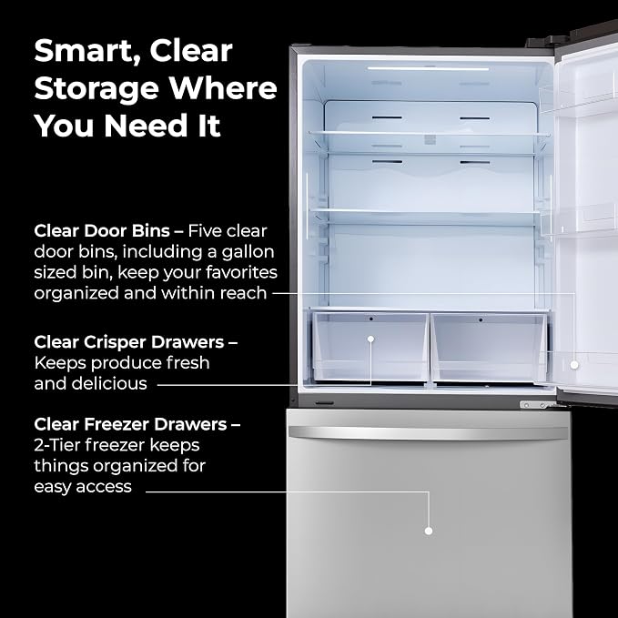 Kenmore 22.3 cu. ft. 31" Bottom Freezer Refrigerator - FPR Stainless Steel | Ice Maker, Adjustable Glass Shelving, Crispers Drawers, LED Lighting, Fingerprint Resistant SS, ENERGY STAR Certified