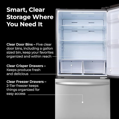 Kenmore 22.3 cu. ft. 31" Bottom Freezer Refrigerator - FPR Stainless Steel | Ice Maker, Adjustable Glass Shelving, Crispers Drawers, LED Lighting, Fingerprint Resistant SS, ENERGY STAR Certified