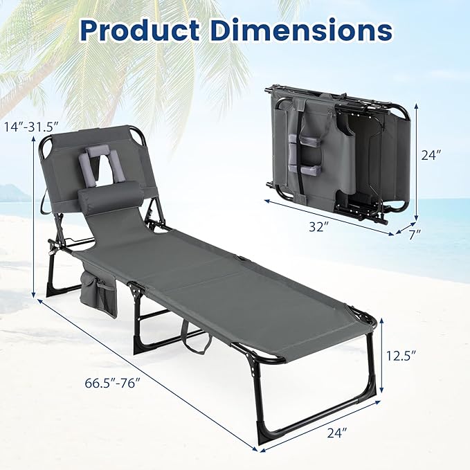 COSTWAY Tanning Chair with Face Hole, Folding Beach Lounge Chair with 4-Position Adjustable Backrest, Pillow & Side Pocket, Foldable Chaise Lounge Chair Outdoor for Sunbathing, Camping (2, Grey)