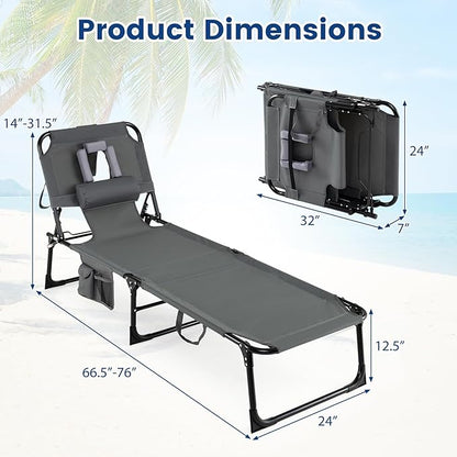 COSTWAY Tanning Chair with Face Hole, Folding Beach Lounge Chair with 4-Position Adjustable Backrest, Pillow & Side Pocket, Foldable Chaise Lounge Chair Outdoor for Sunbathing, Camping (1, Grey)