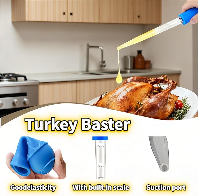 Professional Kitchen Marinade Injector, 30ml Food-Grade Heat-Resistant Meat Syringe with Cleaning Brush, Clear Scale Markings, Non-Slip Grip for Juicy Turkey, Poultry, Beef (Blue(Large))