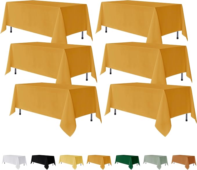 Fitable 6 Pack Rectangle Tablecloths, 70 x 108 Inch, Gold | Wrinkle & Stain Resistant, Washable Polyester Fabric, For Wedding Party Banquet Formal Events Fall Thanksgiving Harvest