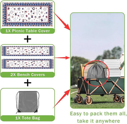 JAWO 4th of July Picnic Table Cover with Bench Covers Set of 3, Patriotic Red White Blue Star Heart American Flag Waterproof Foldable Fitted Picnic Tablecloth for Outdoor Patio BBQ Party, 30X96in