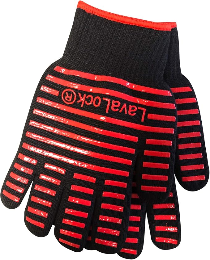 LavaLock BBQ Grilling Cooking Heat Resistant Gloves with Silicone Insulated Protection - High Temp Charcoal BBQ Gloves for Kettle, Kamado, BGE, UDS and Offset Cookers Large Size
