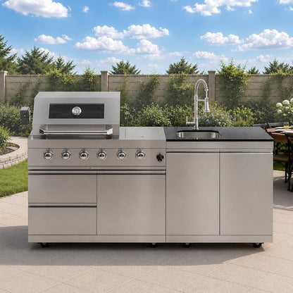 79" Modular Outdoor Kitchen with 4 Burners 72,000 BTU Natural Gas Grill,Rotisserie Oven,Side Burner,Sink & Marble Countertop.Gas Grill for Backyard and Patio.(Natural Gas)