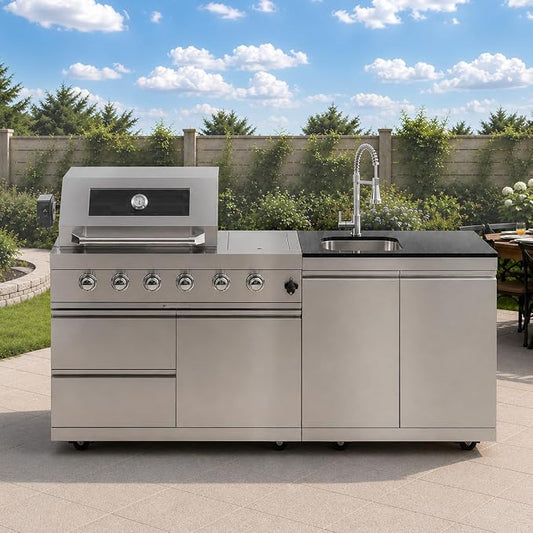 79" Modular Outdoor Kitchen with 4 Burners 72,000 BTU Natural Gas Grill,Rotisserie Oven,Side Burner,Sink & Marble Countertop.Gas Grill for Backyard and Patio.(Natural Gas)
