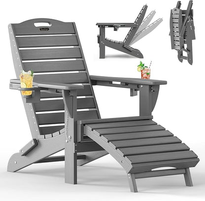Folding Adirondack Chair with Retractable Ottoman, Weather Resistant Fire Pit Chair Patio Chair with 2 Cup Holder Lawn Outdoor Lounge Chair (Grey)