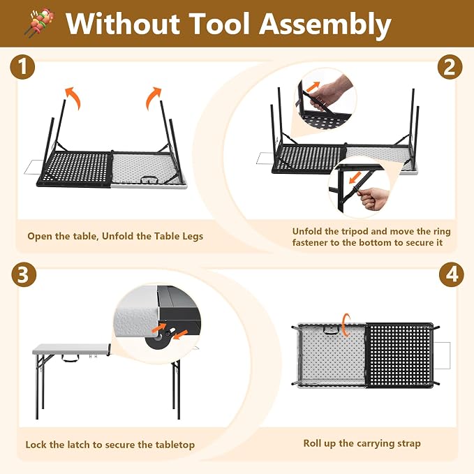 5FT Folding Table, Camping Table for Grill with Solid＆Metal Grid Grilling Surface, BBQ Prep Table Portable with Carry Handle for Party Cooking, Camping, Backyard, Beach and Patio Use