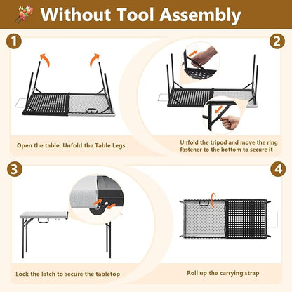 5FT Folding Table, Camping Table for Grill with Solid＆Metal Grid Grilling Surface, BBQ Prep Table Portable with Carry Handle for Party Cooking, Camping, Backyard, Beach and Patio Use