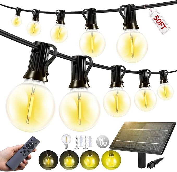 50FT Solar Lights Outdoor Waterproof: G40 15M Shatterproof Bulbs Patio Lights - Solar Powered Remote Control 3 Light Modes Dimmable Solar Light - Camping Backyard Garden Deck Outside Yard