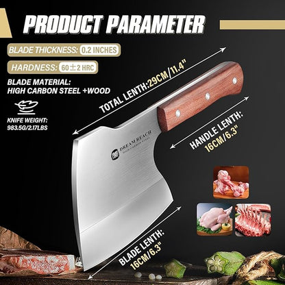 Dream Reach Meat Cleaver Knife Heavy Duty Bone Chopper Stainless Steel Butcher Axe Hand Forged Butcher Knife Meat Bone Cleaver for Kitchen Outdoor BBQ, Christmas Gifts for Men Women