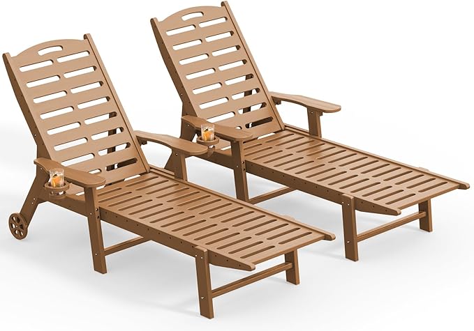 Lounge Chairs Outdoor Set of 2, 5-Position Adjustable Patio Lounge Chairs with Wheels & Cup Holder, Heavy Duty HDPE Oversized Poolside Set, Easy Rolling Sun Loungers for Deck, Lawn, Backyard, Teak