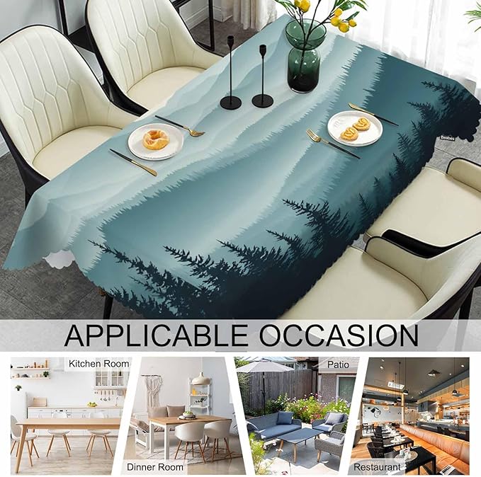 Mountain Forest Decorative Table Cover for Kitchen, Foggy Mountain Pine Woodland Oblong Tablecloth Dining Table Cloth Tabletop Tablecloths for BBQ Picnic Coffee 52"X70", 4-6 Seats