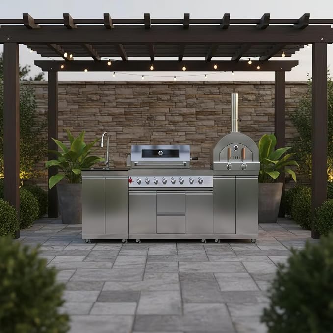 Kitchen outdoor module combination barbecue grill with gas pizza stove and sink module, stainless steel, 3-piece set