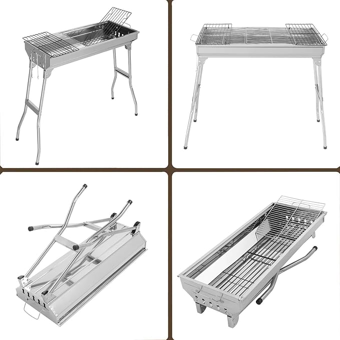 Portable Charcoal Grill, Stainless Steel Folding Portable BBQ Tool Kits, Barbecue Grill with 2 Carbon Mesh for Garden Backyard Party Picnic Travel Outdoor Cooking Easy to Assemble (Silver)