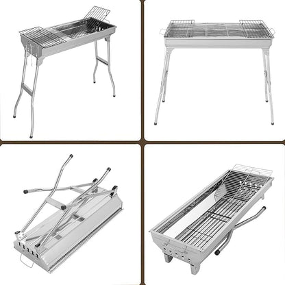 Portable Charcoal Grill, Stainless Steel Folding Portable BBQ Tool Kits, Barbecue Grill with 2 Carbon Mesh for Garden Backyard Party Picnic Travel Outdoor Cooking Easy to Assemble (Silver)