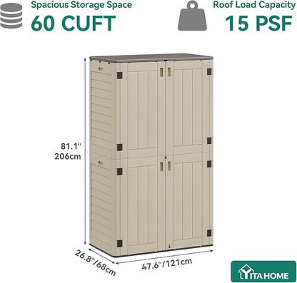 YITAHOME 60 cu ft Tall Outdoor Storage Shed w/o Shelf, Resin Vertical Outdoor Storage Shed, Large Waterproof Storage Cabinet for Garage, Poolside, and Garden (Khaki + Black)