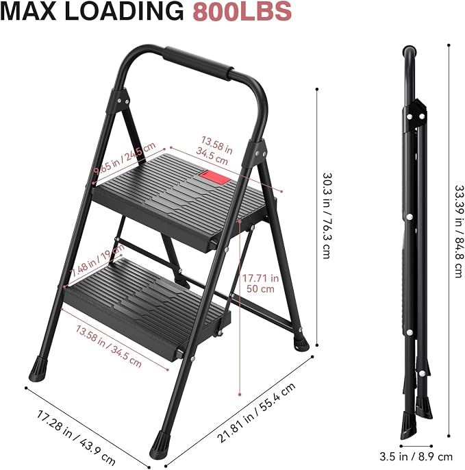 TOOLF 2 Step Ladder, Folding Steel Step Ladder with Handrail, Black | 500 lb Capacity, Wide Anti-Slip Pedals, Steel Frame, Safety Handrail, Foldable, Indoor & Outdoor Use