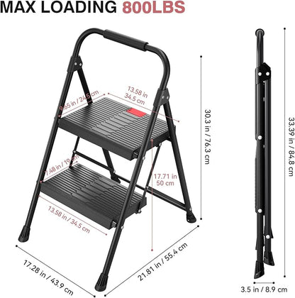 TOOLF 2 Step Ladder, Folding Steel Step Ladder with Handrail, Black | 500 lb Capacity, Wide Anti-Slip Pedals, Steel Frame, Safety Handrail, Foldable, Indoor & Outdoor Use