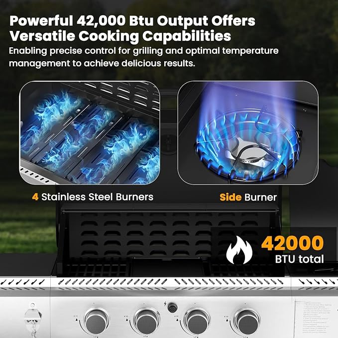 Electactic 4-Burner Gas Grill with Side Burner, Stainless Steel Propane Grill with Built-In Thermometer, 42000BTU BBQ Grill for Outdoor Cooking, Patio and Backyard Barbecues