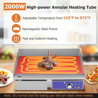 Happygrill 22" Commercial Electric Griddle, Stainless Steel Flat Top Grill w/Adjustable Temperature Control 122℉-572℉, Complete Accessories, 2000 W Electric Countertop Griddle for Kitchen Restaurant