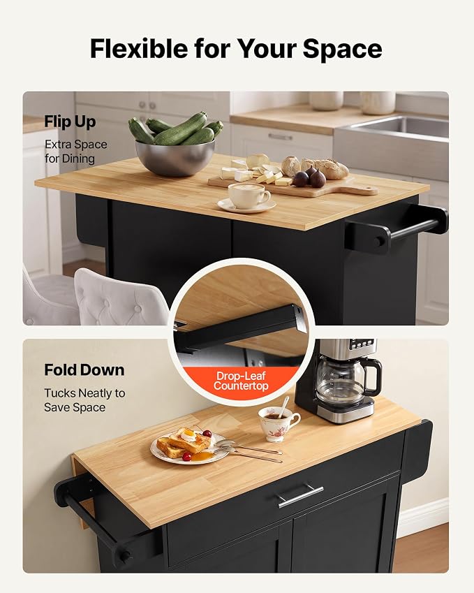 VEVOR Kitchen Island Cart with Storage, 42.28 in Wide Mobile Rolling Storage Island on Swivel Wheels, with Drawer, Storage Cabinet, Drop Leaf, Spice Rack, Table for Home Dining Room, Black