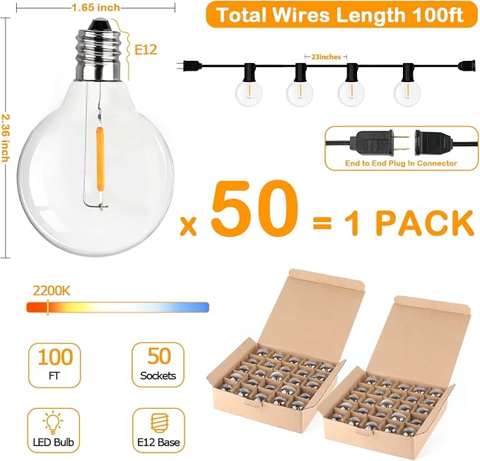 VerRon 100FT LED G40 Globe String Lights, Waterproof Shatterproof Outdoor Patio Lights with 50+2 Dimmable Edison Bulbs, Backyard Hanging Light, Warm White for Bistro Party Wedding Deck Garden