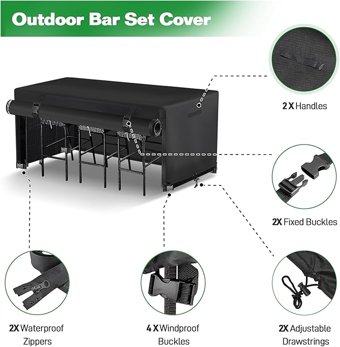 7 Piece Outdoor Bar Height Dining Set Cover with Split Zipper, Heavy Duty 600D Oxford Fabric Outdoor Bar Cover for 6 Person 76'' Long Outdoor Wicker Bar Height Dining Set, 76"L x 34"W x 42"H