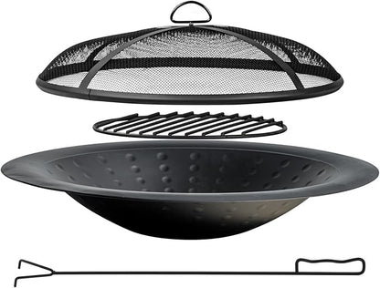 OutVue 35 inch Steel Fire Bowl for DIY or Replacement Existing Fire Pits, Wood Burning Fire Pit Bowl with Spark Screen &Fire Poker, Fireplace for Backyard, Porch, Deck, Camping, BBQ (Circle Dot)