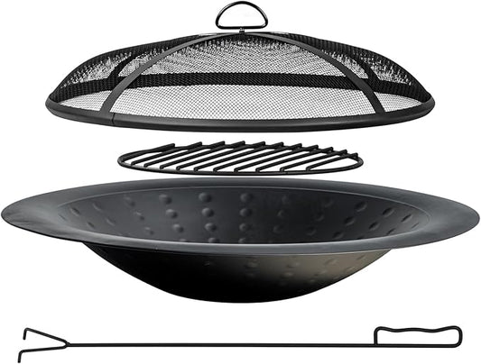 OutVue 35 inch Steel Fire Bowl for DIY or Replacement Existing Fire Pits, Wood Burning Fire Pit Bowl with Spark Screen &Fire Poker, Fireplace for Backyard, Porch, Deck, Camping, BBQ (Circle Dot)