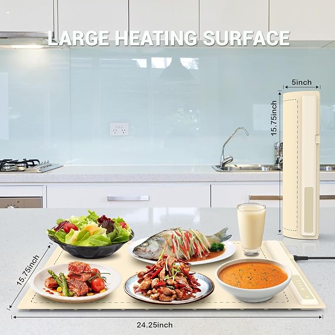 Electric Warming Tray - 3 Modes &Full Surface Heating,Rollable & Portable,Premium Silicone Nano-Material,3 Temperature Settings,Auto Shut-Off -Versatile Food Warmer for Gatherings,Parties (Cream)