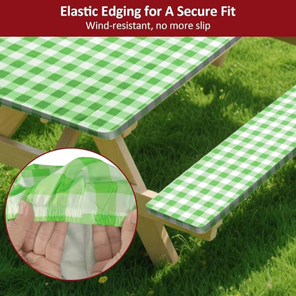 6ft 72" Picnic Table and Bench Cover, 3 Pack, Green-White Checkered | Drawstring Bag, Waterproof Windproof, Elastic Fitted Edges Tablecloth, for Rectangle Table & Seat, Camping Essentials RV Gear