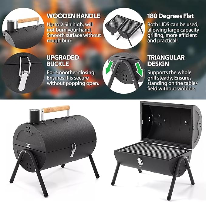 Portable Charcoal Grill (2 IN 1 Double-Sided), Mini Tabletop BBQ Grill 22" x 17", Heavy Duty Steel, Easy Assembly, Compact & Portable for Outdoor Camping, Picnic, Backyard Party