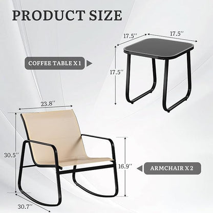 DWVO 3 Piece Rocking Patio Furniture Set Textilene Patio Set Outdoors Brown | Heavy-duty Small Patio Furniture Set w/Breathable Fabric, Smooth Rocking, Tempered Glass Table, Easy Assembly and Cleaning