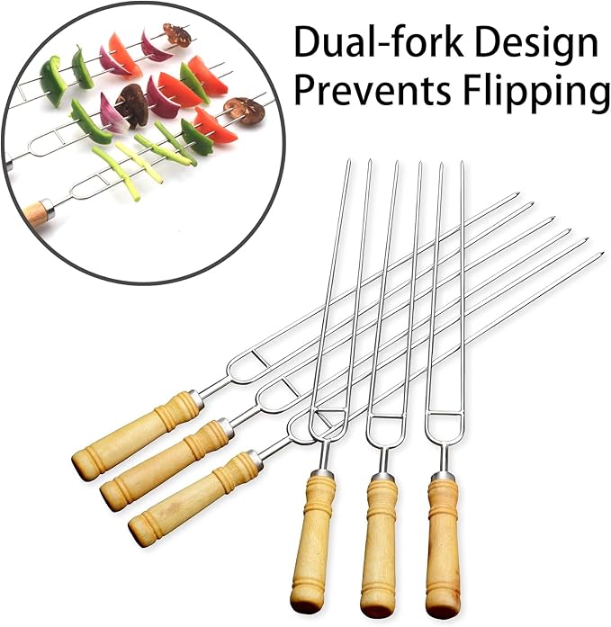 6+1 Pack BBQ Skewers for Grilling Set Include Grilling Clip & Storage Bag – 16.5in Stainless Steel Skewers with Wooden Handle – for Camping, Hot Dogs, Shish Kabob, Fire Pit, Picnic