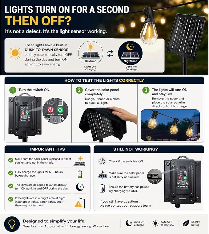 100FT Solar String Lights Outdoor, IP65 Waterproof Shatterproof Dimmable LED Bulbs, Solar & USB Powered, 20+ Hrs Long Lasting, Hanging Lights for Outside Patio, Backyard, Garden, Wedding, Party Decor