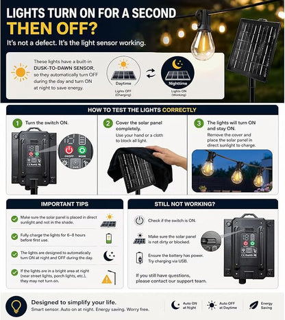 100FT Solar String Lights Outdoor, IP65 Waterproof Shatterproof Dimmable LED Bulbs, Solar & USB Powered, 20+ Hrs Long Lasting, Hanging Lights for Outside Patio, Backyard, Garden, Wedding, Party Decor