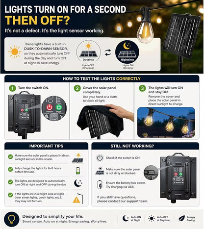 20FT Solar String Lights Outdoor Waterproof IP65, Shatterproof with LED Bulbs Long Last for 20+Hrs,USB & Solar Powered Patio Lights for Backyard, Porch, Garden, Wedding, Christmas,Party Decor