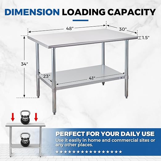 Profeeshaw Stainless Steel Prep Table 30''x48'' NSF Commercial Workbench | Metal Work Table, with Undershelf leveling feet; Heavy Duty Table for Kitchen, Restaurant, Home, Gargae, Hotel, 18-gauge 430