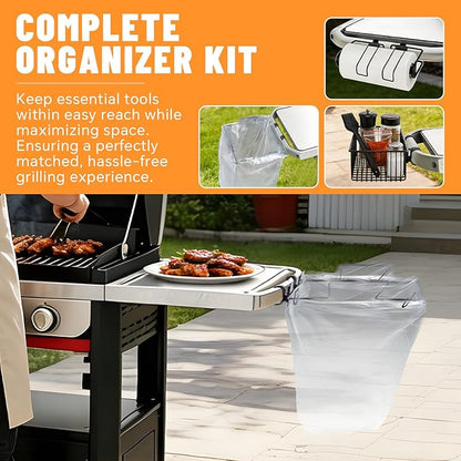 Organizer Kit for Weber Grills Includes Paper Towel Holder Garbage Bag Holder Condiment Caddy and Four Tool Hooks, Grill Accessories for Weber Side Rail