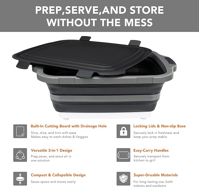 Large Collapsible BBQ Prep Tub with Locking Lid, Basket for Meal Prep Marinating Food Storage, Plastic Cutting Board(4.22 Gal/16L), Camping Sink with Colander, Dish Basin