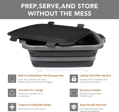 Large Collapsible BBQ Prep Tub with Locking Lid, Basket for Meal Prep Marinating Food Storage, Plastic Cutting Board(4.22 Gal/16L), Camping Sink with Colander, Dish Basin