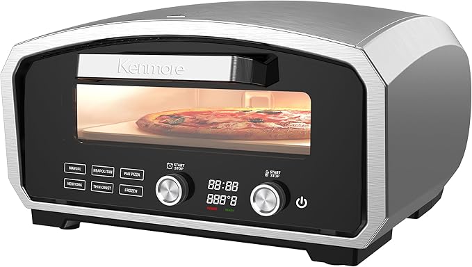Kenmore Outdoor Indoor Electric Pizza Oven - Makes 13 inch Wood Fired Style Pizza At 850F High Heat, Weather Resistant, 5 Presets, Pizza Stone & Peel, Stainless Steel Horno Electrico