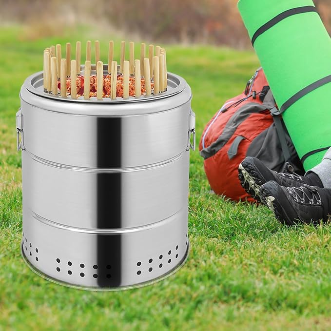 Large Cylinder Charcoal BBQ Grill, 50 Skewers Portable Smokeless Grills, 360° Stainless Steel Barbecue Grill for Camping, Picnics, Beaches (30 Skewers)