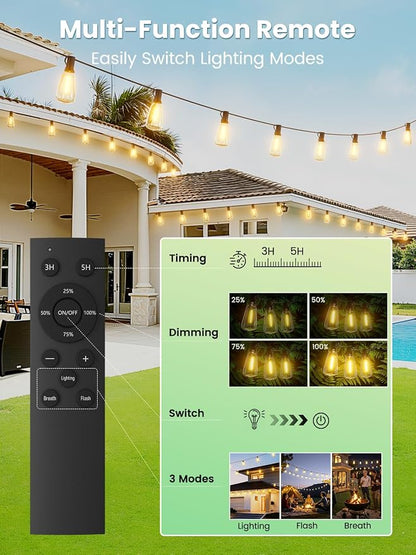 Svater 50FT Solar String Lights Outdoor with Remote, ST38 Patio Light with 19 LED Dimmable Shatterproof Bulbs, Solar Powered String Lights Waterproof for Cafes, Gardens, Bistro Warm White