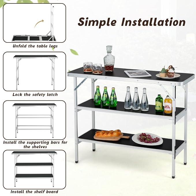 GIANTEX Portable Bar Table for Events, Folding Mobile Bartending Station with Storage Shelves, Removable Privacy Skirt, Carrying Case, for Parties, Catering, Trade Shows (Black, 43.5''L x 34.5''H)