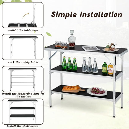 GIANTEX Portable Bar Table for Events, Folding Mobile Bartending Station with Storage Shelves, Removable Privacy Skirt, Carrying Case, for Parties, Catering, Trade Shows (Black, 43.5''L x 34.5''H)