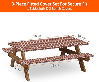 8ft 96" Picnic Table and Bench Cover, 3 Pack, Coffee-White Moroccan | Waterproof, Windproof, Elastic Fitted Edges Tablecloth, for Rectangle Table & Seat, Camping Essentials RV Gear