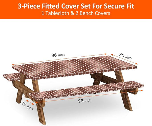 8ft 96" Picnic Table and Bench Cover, 3 Pack, Coffee-White Moroccan | Waterproof, Windproof, Elastic Fitted Edges Tablecloth, for Rectangle Table & Seat, Camping Essentials RV Gear