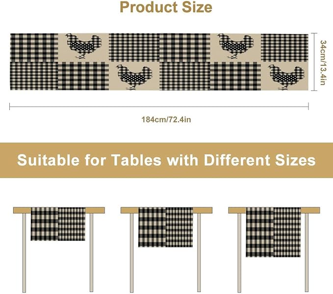 Farm Animal Chicken Hen Black White Buffalo Plaid Check Table Runner, Farmhouse Chick Table Decoration Home Kitchen Dining Indoor Holiday Farmhouse Decor 13x90 Inch